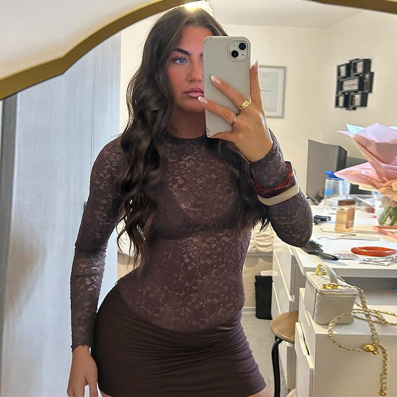 Damern gradient mini klänning med spetsöverdel och lång ärm Mirla-Eva Jonsson