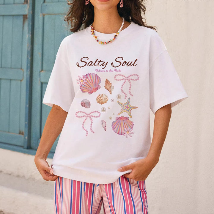 Damern grafik T-shirt med maritimt musselmönster och avslappnad passform Mirla-Eva Jonsson