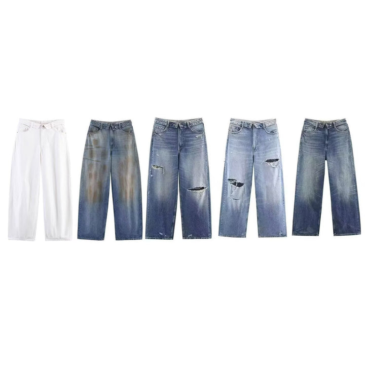 Damern högkvalitativa destroyade jeans i en avslappnad baggy-stil med moderna accenter Mirla-Eva Jonsson