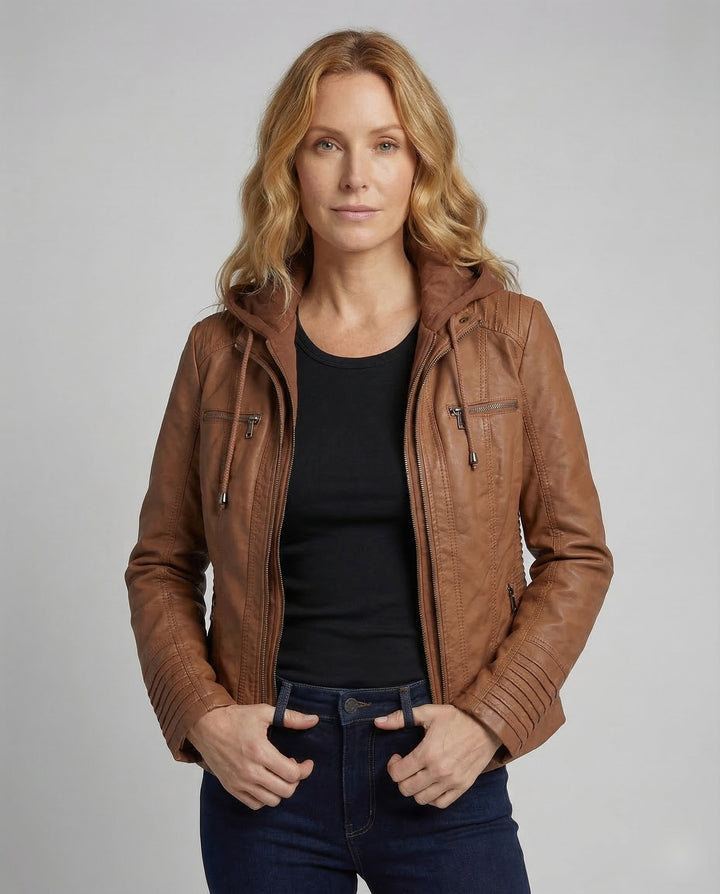 Damern konstläder bikerjacka hoodie-Eva Jonsson