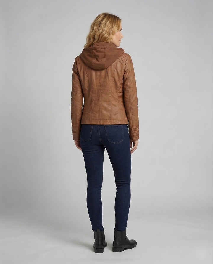 Damern konstläder bikerjacka hoodie-Eva Jonsson