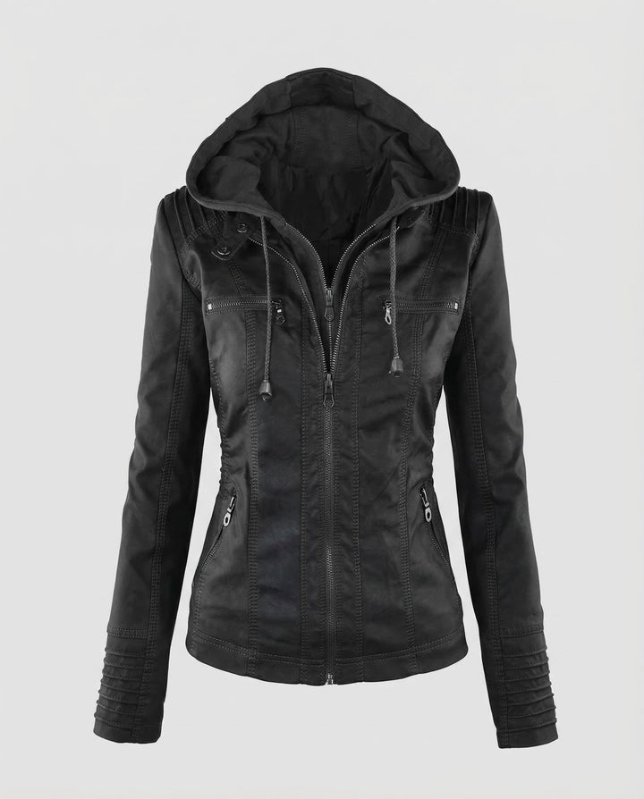 Damern konstläder bikerjacka hoodie-Eva Jonsson