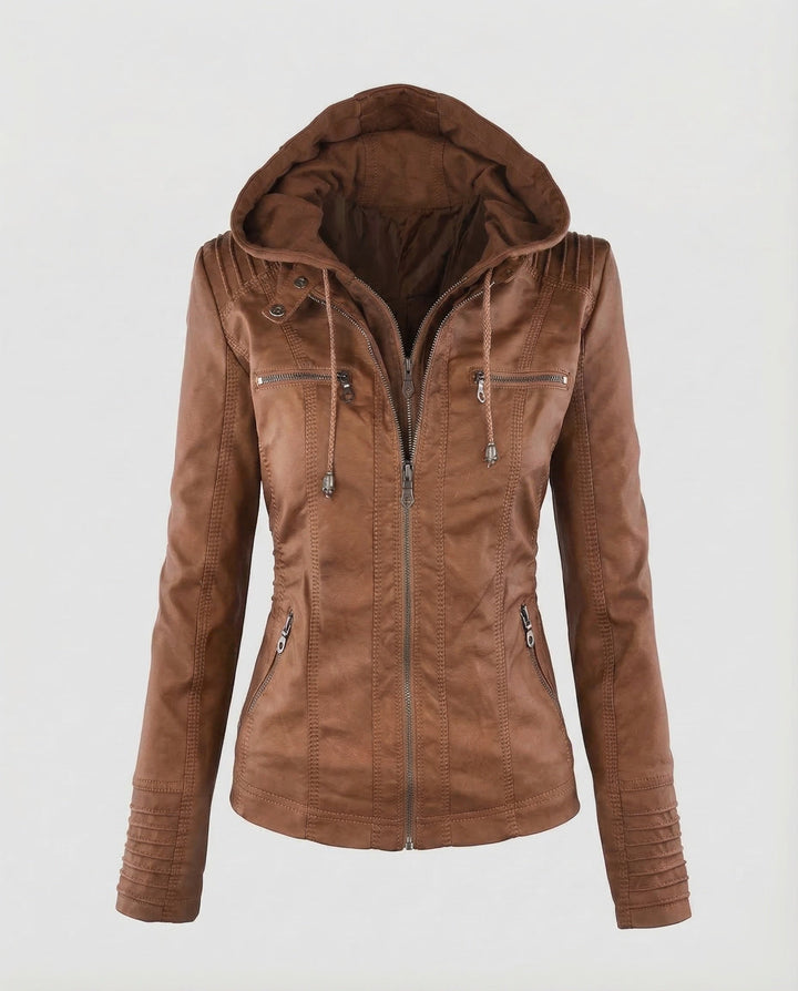 Damern konstläder bikerjacka hoodie-Eva Jonsson