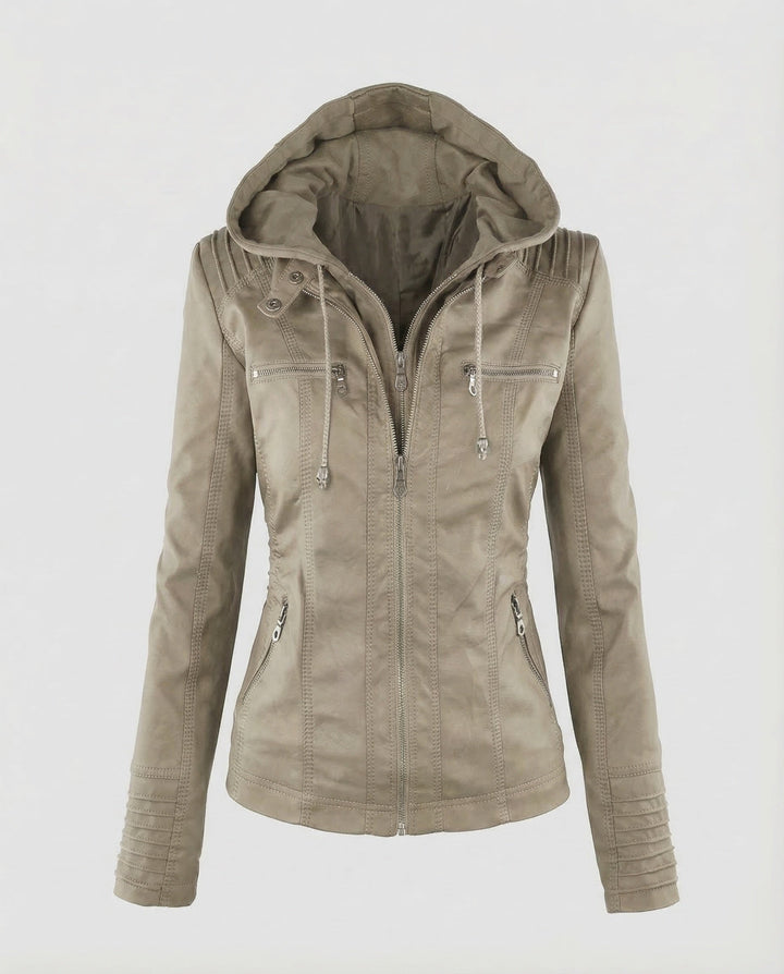 Damern konstläder bikerjacka hoodie-Eva Jonsson