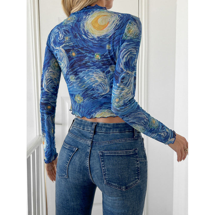 Damern långärmad T-shirt med konstnärligt tryck och smakfullt vågkant Mirla-Eva Jonsson