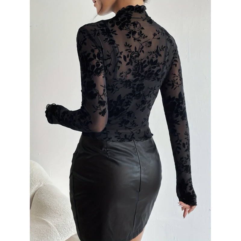 Damern långärmad tröja med blommig chiffon och transparenta detaljer Mirla-Eva Jonsson