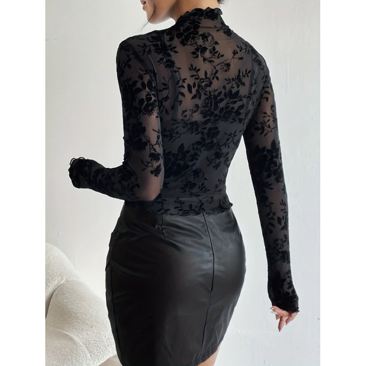 Damern långärmad tröja med blommig chiffon och transparenta detaljer Mirla-Eva Jonsson