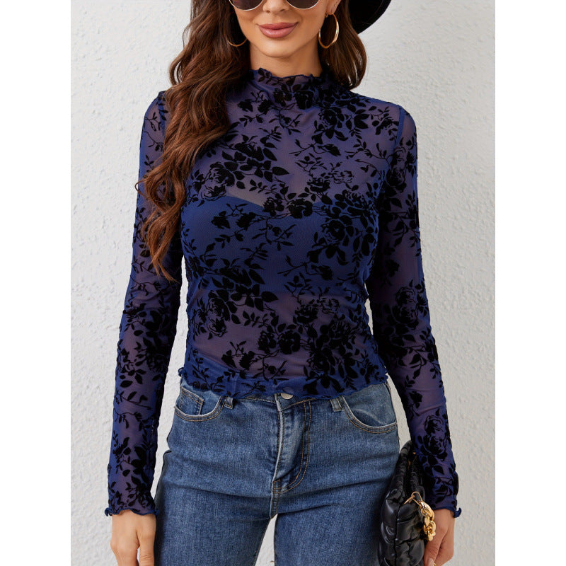 Damern långärmad tröja med blommig chiffon och transparenta detaljer Mirla-Eva Jonsson