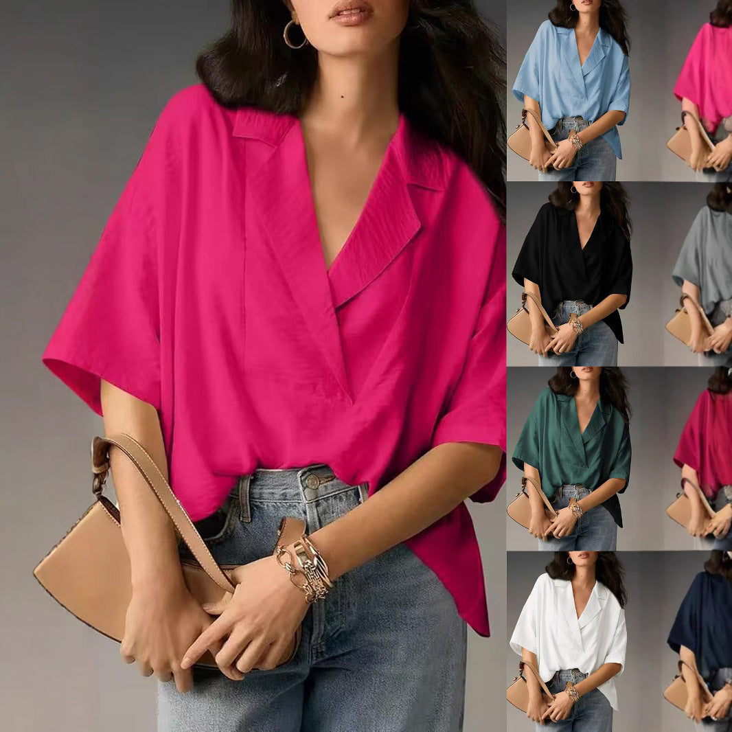 Damern lös oversized blusöverkant med elegant krage och V-utskärning Mirla-Eva Jonsson