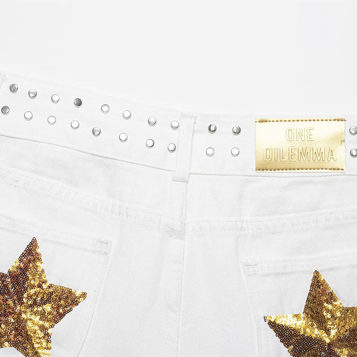 Damern mode Denim-shorts med dekorativ nitar midja Mirla-Eva Jonsson