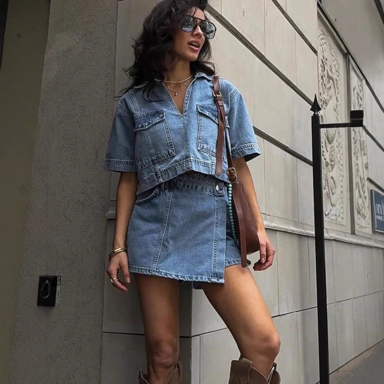 Damern moderikt Denim-kort topp och kjol set Mirla-Eva Jonsson