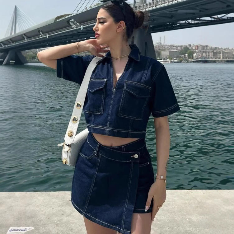 Damern moderikt Denim-kort topp och kjol set Mirla-Eva Jonsson