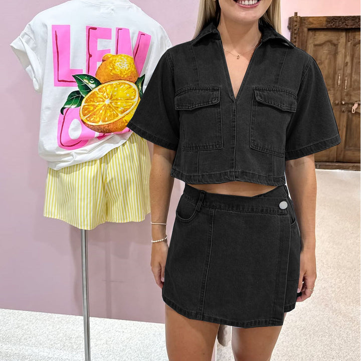 Damern moderikt Denim-kort topp och kjol set Mirla-Eva Jonsson