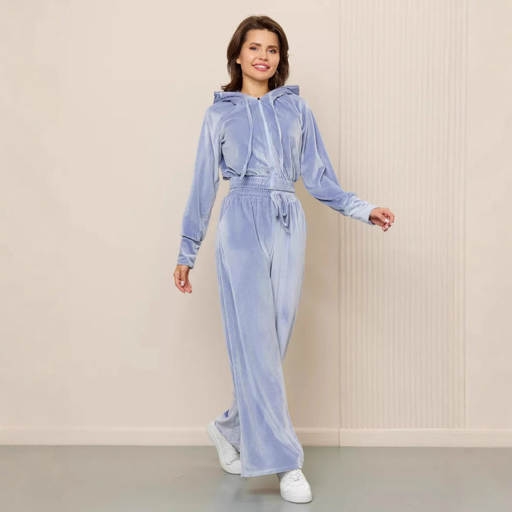 Damern modernt fleece-set med figursydd hoodie och vida byxor Eva Jonsson-Eva Jonsson