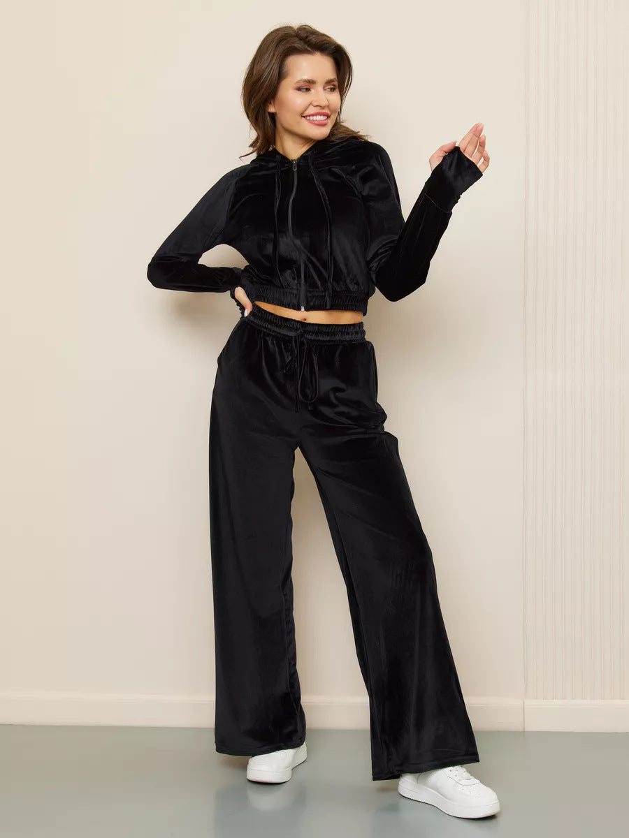 Damern modernt fleece-set med figursydd hoodie och vida byxor Eva Jonsson-Eva Jonsson