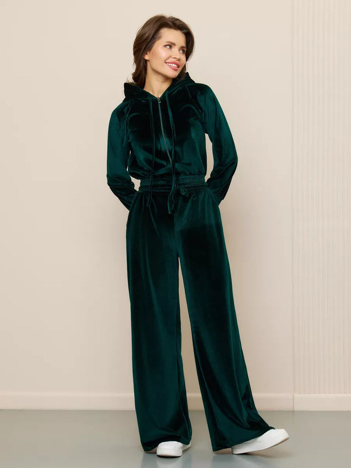 Damern modernt fleece-set med figursydd hoodie och vida byxor Eva Jonsson-Eva Jonsson