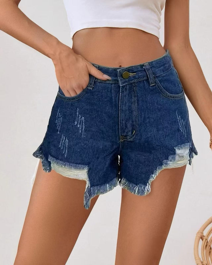 Damern modiska Destroyed Denim-shorts med fransig fåll Mirla-Eva Jonsson