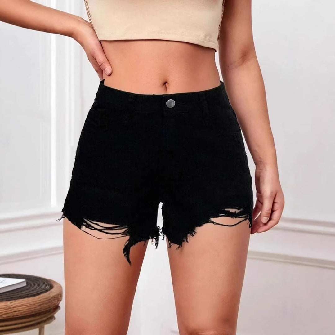 Damern modiska Destroyed Denim-shorts med fransig fåll Mirla-Eva Jonsson