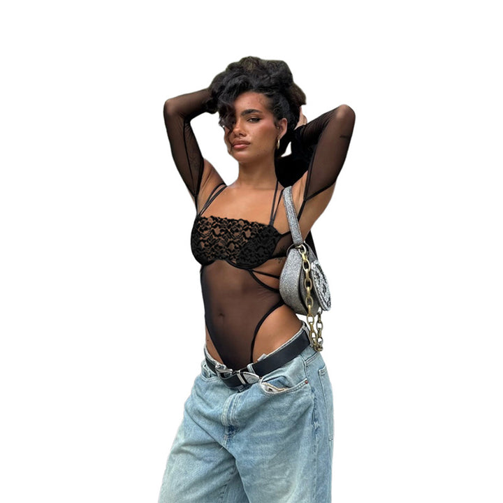 Damern overall bodysuit med elegant spetsdekoration och transparent utseende Mirla-Eva Jonsson