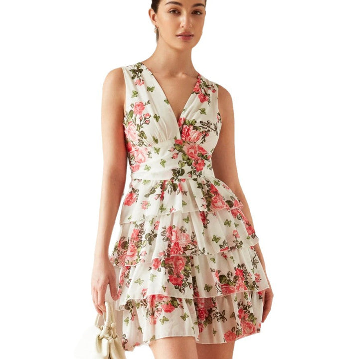 Damern sommardress med volanger och blommönster Mirla-Eva Jonsson