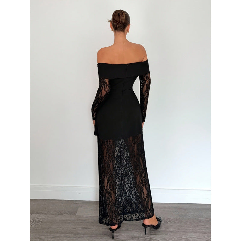 Damern spets aftonklänning med off-shoulder design och långa ärmar Mirla-Eva Jonsson