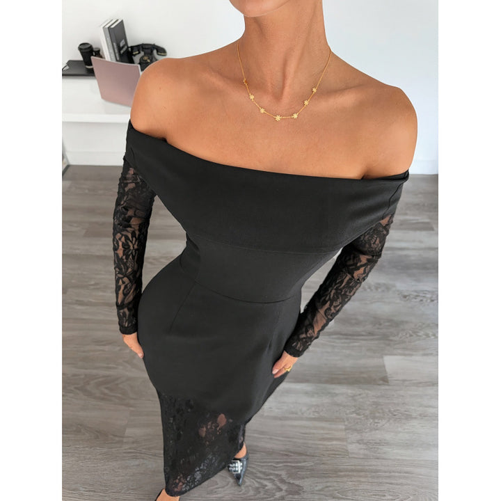 Damern spets aftonklänning med off-shoulder design och långa ärmar Mirla-Eva Jonsson