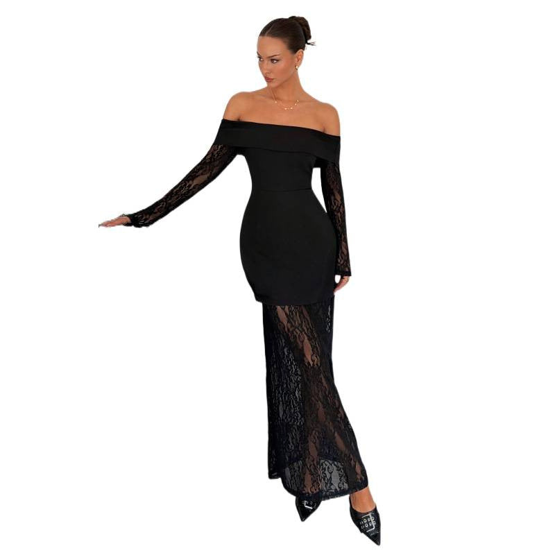 Damern spets aftonklänning med off-shoulder design och långa ärmar Mirla-Eva Jonsson
