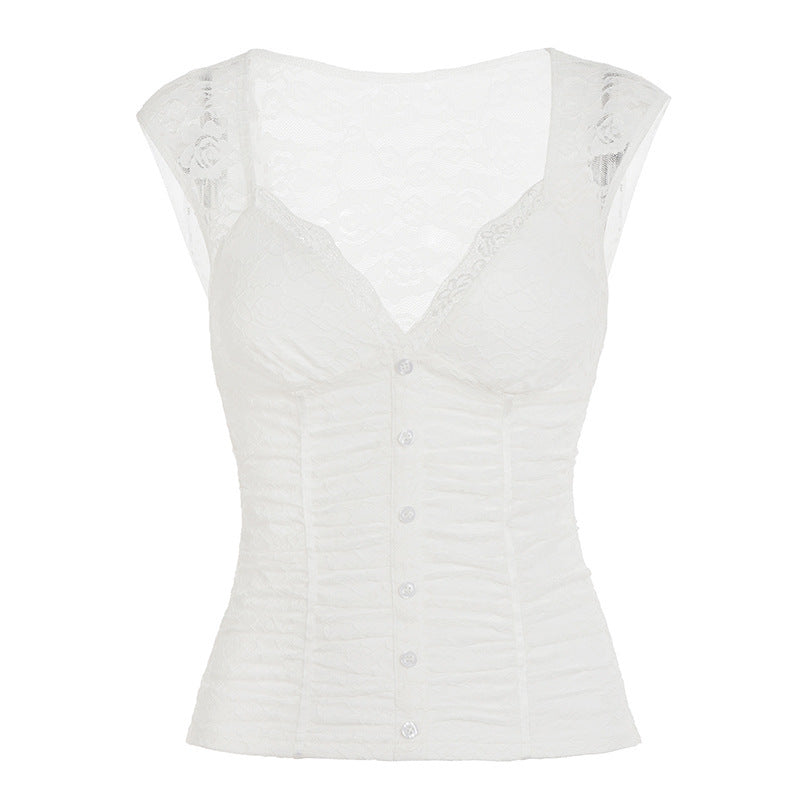 Damern spets-crop-top med elegant V-ringning och volangdetaljer Mirla-Eva Jonsson