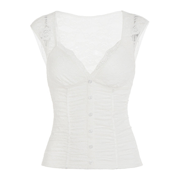 Damern spets-crop-top med elegant V-ringning och volangdetaljer Mirla-Eva Jonsson