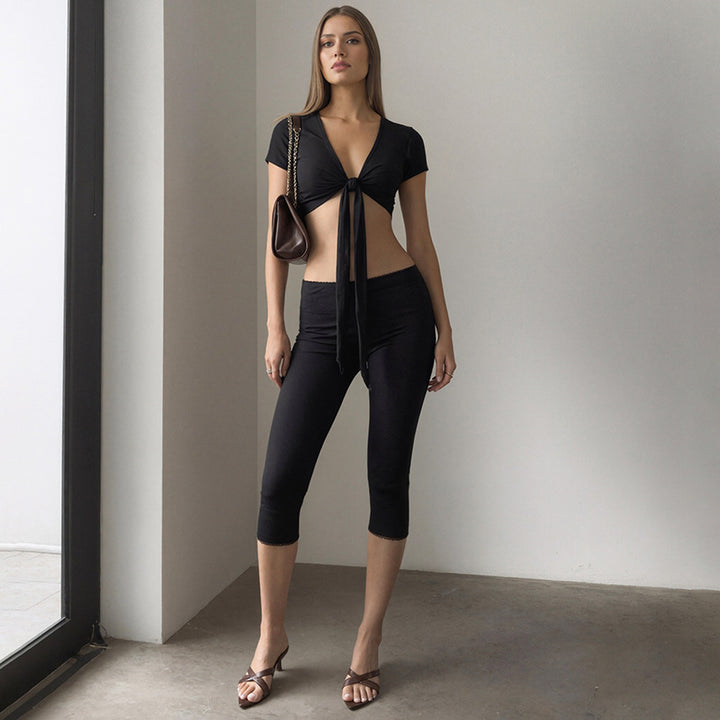 Damern trendig crop-top med bindband och figurnära leggings Mirla-Eva Jonsson
