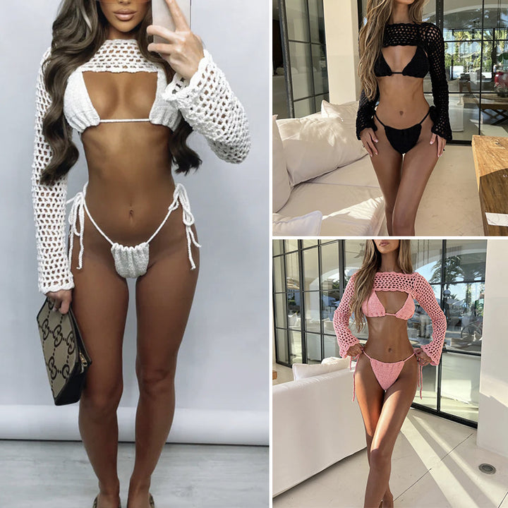 Damern virkad bikini-set med långärmad transparent övredel och hög skärning-Eva Jonsson