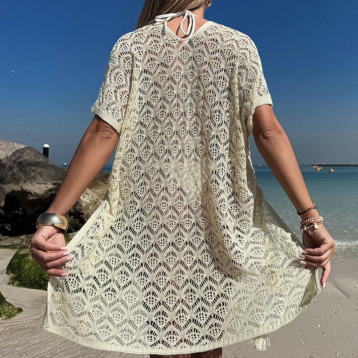 Damern virkad kaftan klänning med lös passform och V-ringning Mirla-Eva Jonsson