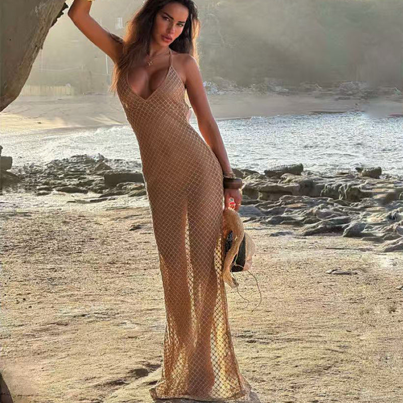 Damern virkad strandklänning med V-ringning och fint nätdesign Mirla-Eva Jonsson