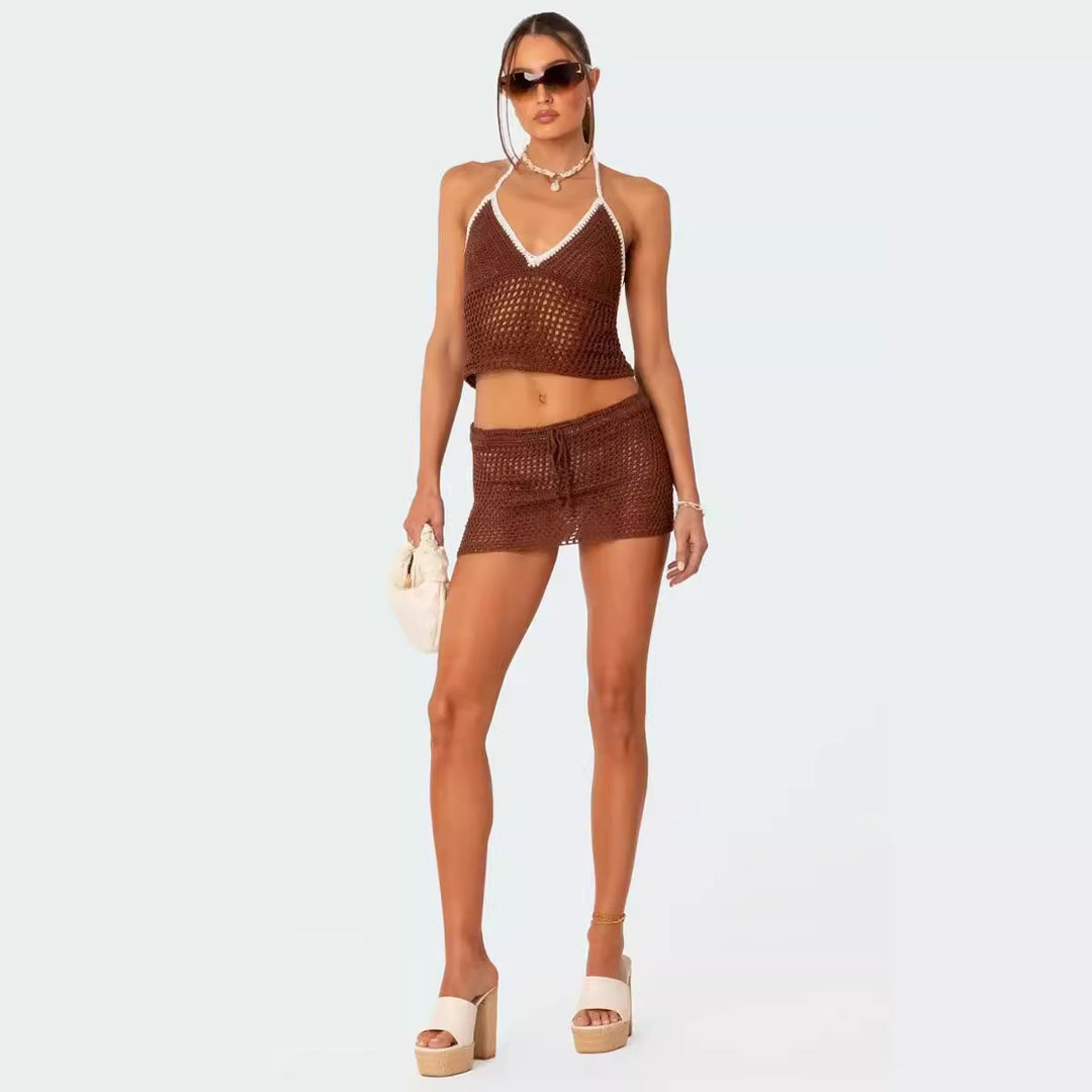Damern virkad strandoutfit med justerbar överdel och shorts Mirla-Eva Jonsson
