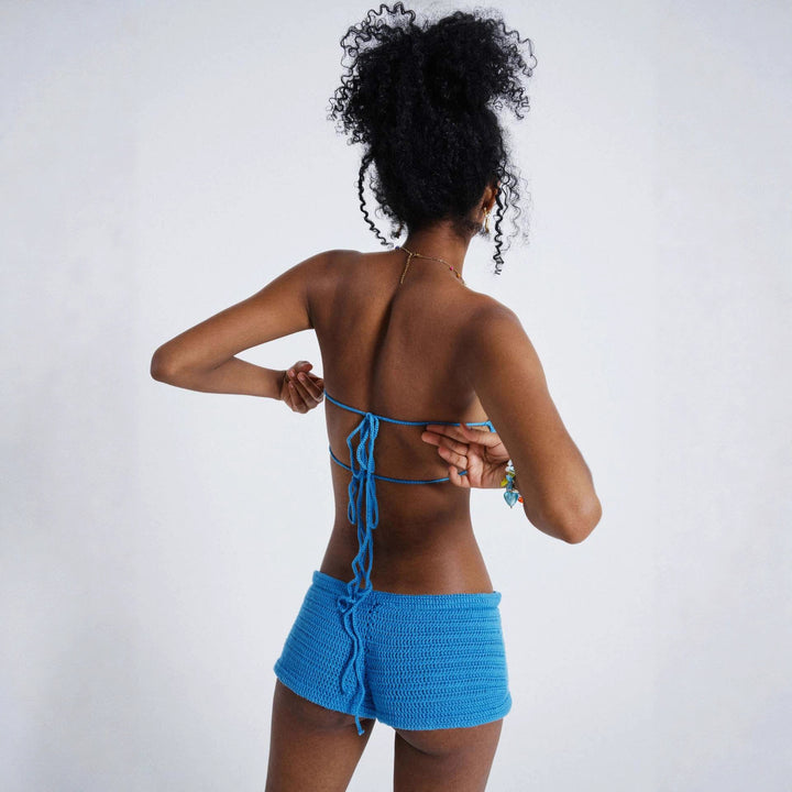 Damern virkat bandeau-top och shorts-set med blommönster Mirla-Eva Jonsson