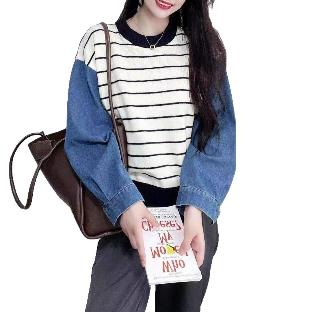 Damerna moderiktiga tröja med denimärmar Mirla-Eva Jonsson