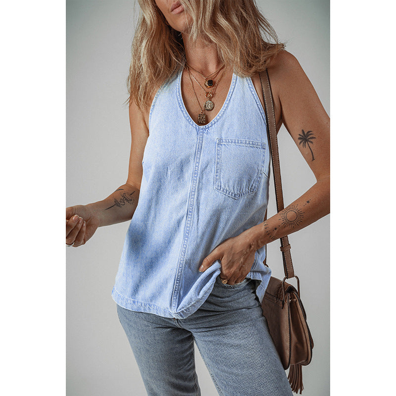 Damernas Ärmlös Denim-Topp med Praktisk Bröstficka Mirla-Eva Jonsson
