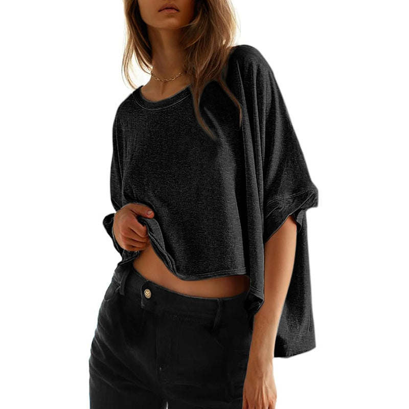 Damernas Avslappnad Cropped Topp med Vida Ärmar och Rundhalsringning Mirla-Eva Jonsson