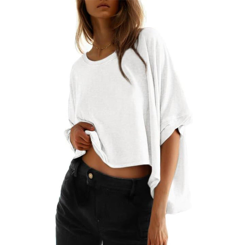 Damernas Avslappnad Cropped Topp med Vida Ärmar och Rundhalsringning Mirla-Eva Jonsson