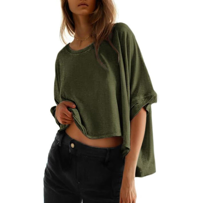 Damernas Avslappnad Cropped Topp med Vida Ärmar och Rundhalsringning Mirla-Eva Jonsson