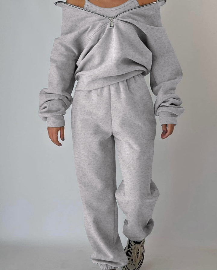 Damernas Avslappnad Oversized Hoodie och Joggingbyxor Set med Praktisk Dragkedja Mirla-Eva Jonsson