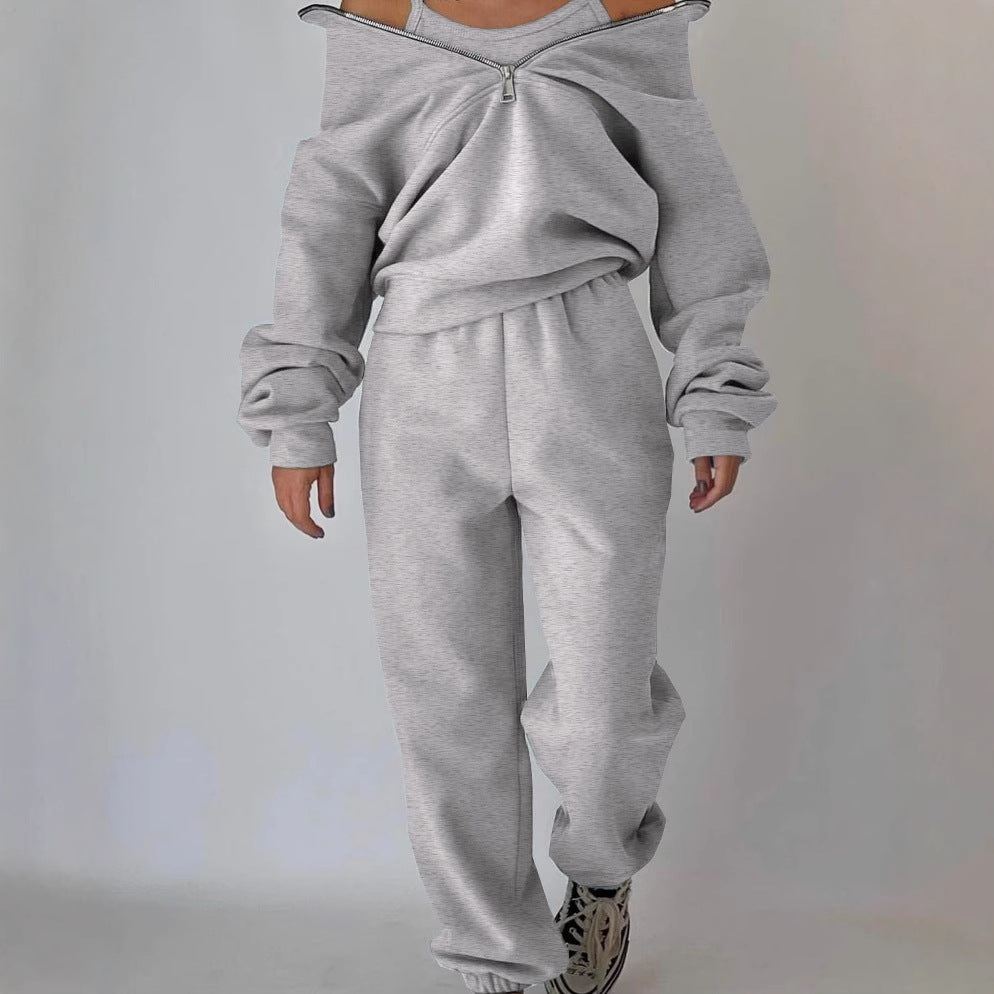 Damernas Avslappnad Oversized Hoodie och Joggingbyxor Set med Praktisk Dragkedja Mirla-Eva Jonsson