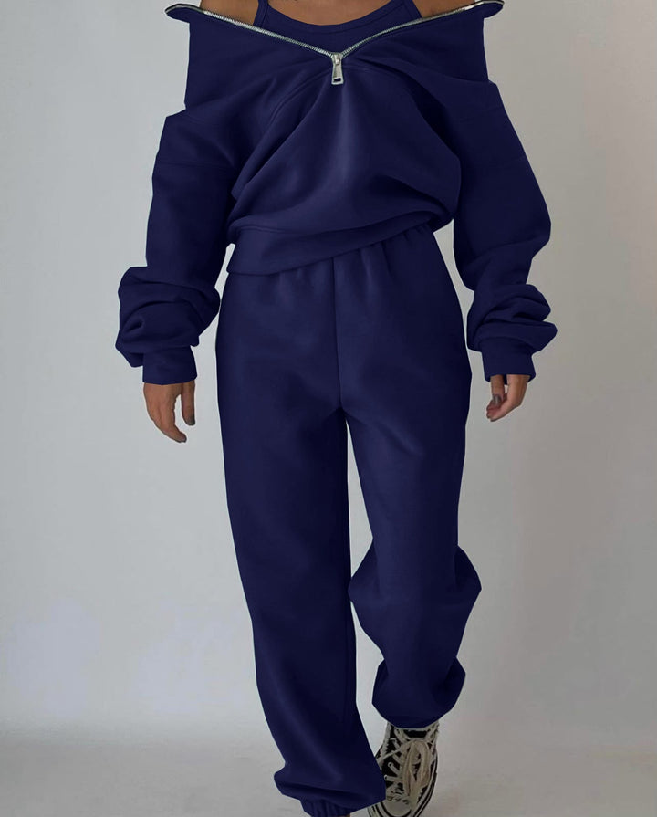 Damernas Avslappnad Oversized Hoodie och Joggingbyxor Set med Praktisk Dragkedja Mirla-Eva Jonsson
