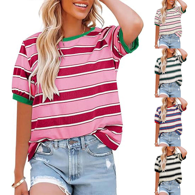 Damernas Avslappnad Randig T-shirt med Kort Ärmar och Rund Halsringning Mirla-Eva Jonsson