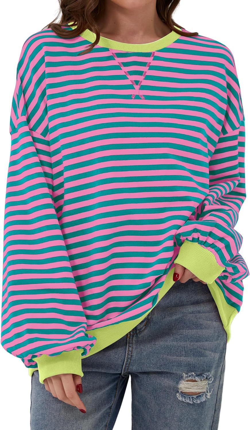 Damernas Avslappnad Sweatshirt med färgglada ränder och vid skärning Mirla-Eva Jonsson