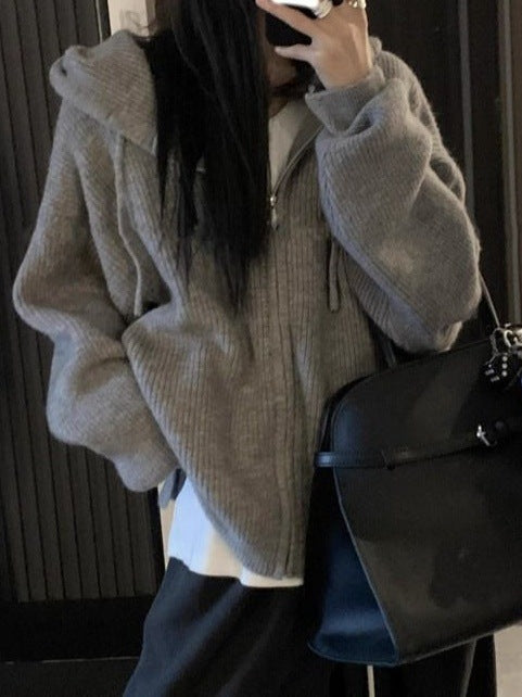 Damernas Bekväm Stickad Hoodie med Rymlig Huvudbonad och Dragkedja Mirla-Eva Jonsson