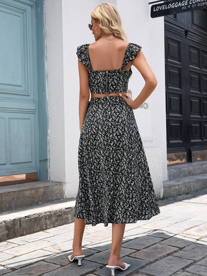 Damernas Crop-Top och Midi-kjol Set med blommönster och volangdetaljer Eva Jonsson-Eva Jonsson