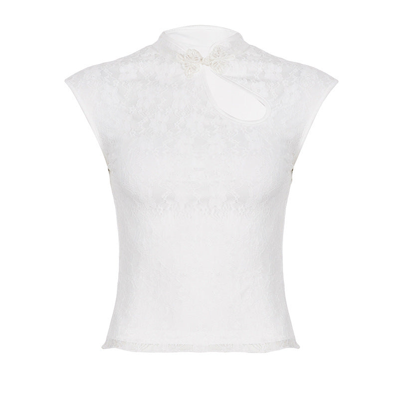 Damernas Crop-top med blommigt spetsmönster och detaljerad halterneck Mirla-Eva Jonsson