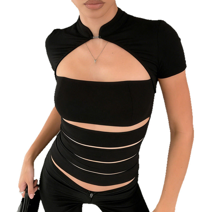 Damernas Cropped Blusenshirt i slitstarkt stretchmaterial med elegant ståkrage Mirla-Eva Jonsson