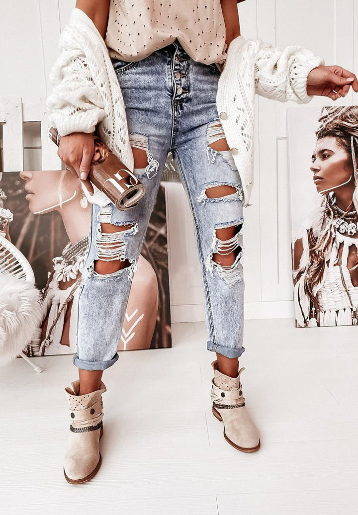 Damernas Destroyed Boyfriend Jeans i avslappnad vintage-stil med hög midja Mirla-Eva Jonsson